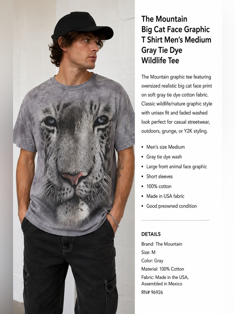 The Mountain Big Cat Face Graphic T Shirt Men’s Medium Gray Tie Dye Wildlife Tee